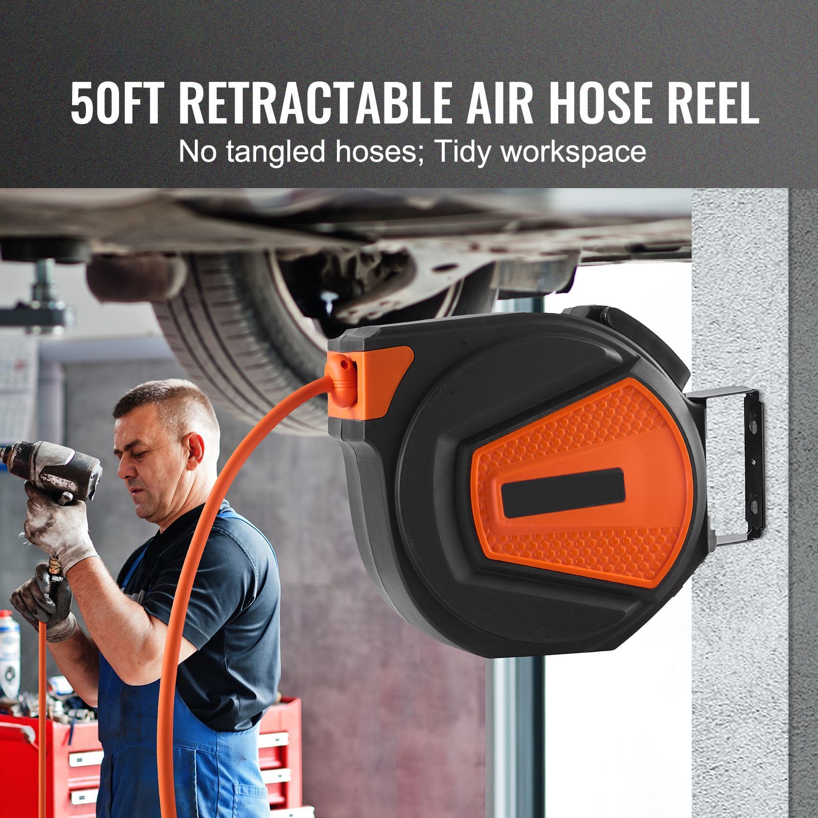 Air Compressor Air Hose 3/8 Hybrid 50Ft - Enrouleur de tuyau d'air rétractable, 3/8
